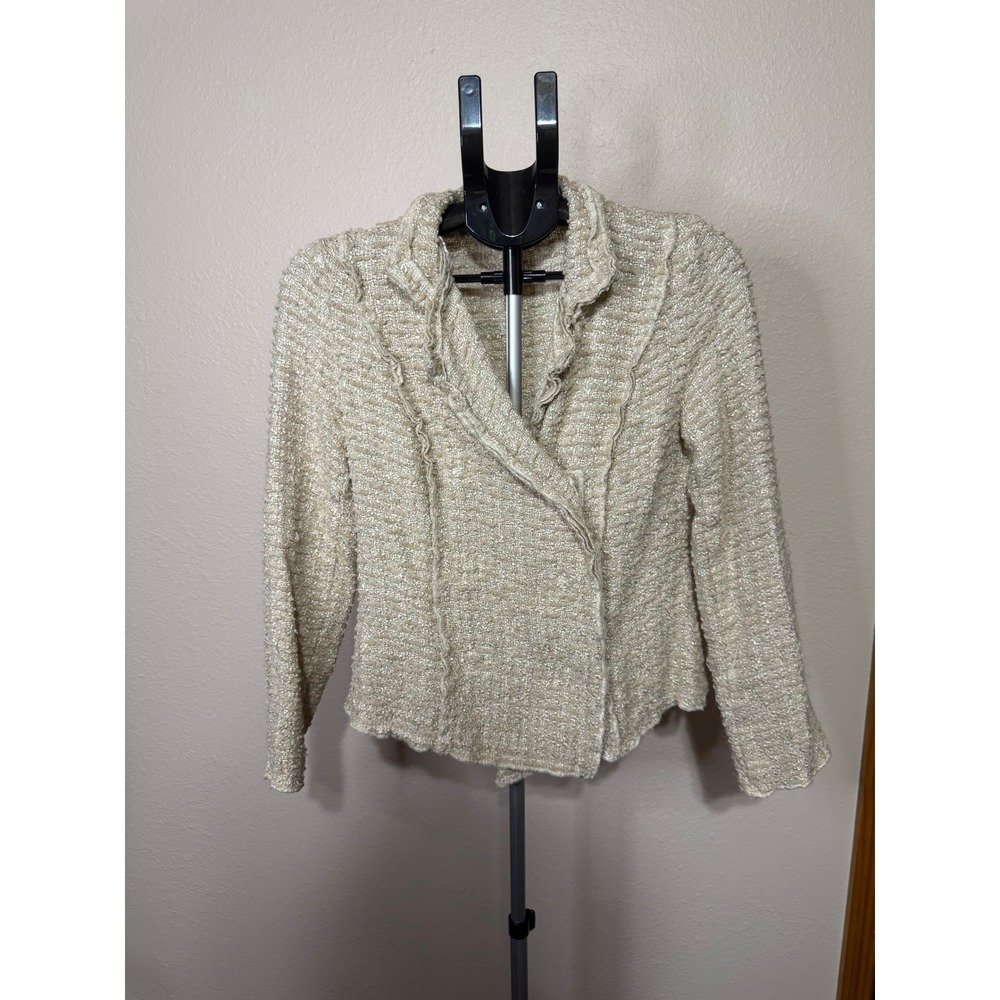 Cabi Womens Cream Beige Textured Ruffle Trim Knit Jacket Style 895 Size S‎